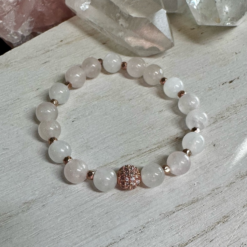 8mm Rainbow Moonstone & Rose Quartz Gemstone Stretch Bracelet - Picture 3 of 3